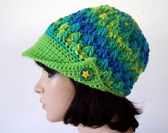 Newsboy Hat Button Bill Cap Green Lime Turquoise Aqua Textured Mother's Day Gift ON SALE NOW