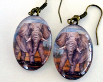 African Elephant Earrings, Oval Art Glass, Antique Brass Wires