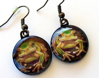 Green Frog Earrings: Watercolor Art Glass, Antique Brass