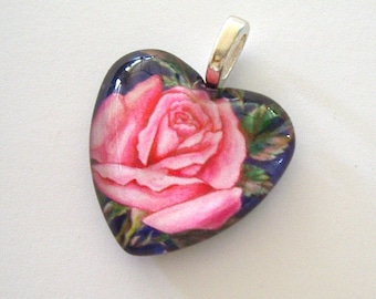 Pink Rose Art Glass Heart Pendant: Valentine's Gift
