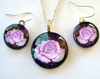 Lavender Rose Jewelry Set: Art Glass Pendant, Earrings, Silver Chain