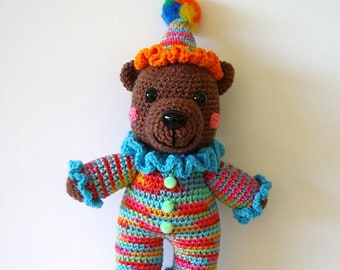 Teddy Bear Circus Clown Doll Arigurumi Multicolor Suit with Ruffles Orange Shoes Toddler Crochet Toy