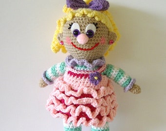 Girl Clown Doll Crochet Amigirumi Circus Toy Yellow Hair Violet Eyes Pink Ruffle Dress