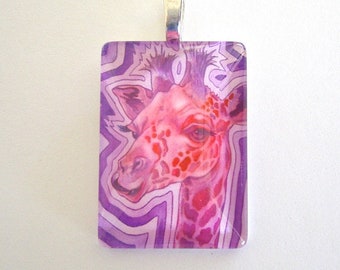 Pink Purple Giraffe Glass Pendant: Fantasy Watercolor Art Jewelry