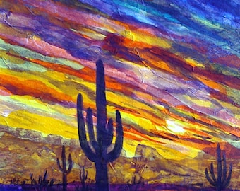 Cactus Desert Sunset Collage, Original Mixed Media Art (15x11)