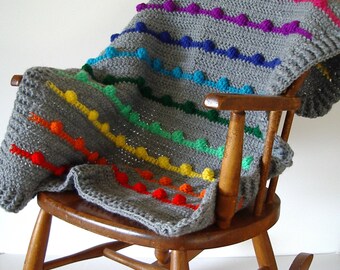 Gray Crochet Baby Blanket, Rainbow Bobble Texture, Acrylic Yarn