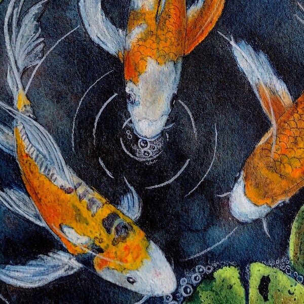 Peinture Koi Art : Ochiba Shigure en éventail, nénuphars, techniques mixtes