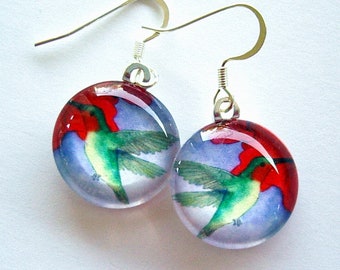 Hummingbird Earrings: Art Glass Bird Jewelry, Red Petunias
