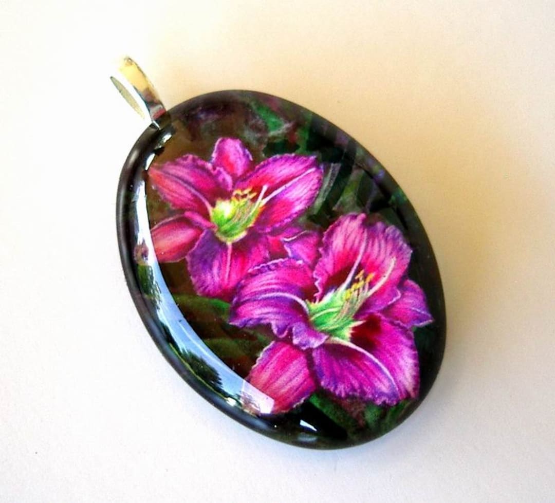 Daylily Jewelry Purple Lavender Red Violet Exclusive Art Oval Glass
