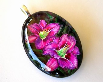 Daylily Jewelry Purple Lavender Red Violet Exclusive Art Oval Glass Pendant Lime Green Throat Garden Jewelry Land's End Mother's Day Gift