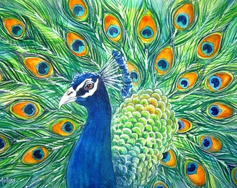 Original Watercolor Peacock Painting: Blue & Green Bird Art