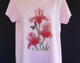 Pink Iris Flower T-Shirt, Butterfly Garden Design (Size L)