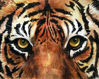 Tiger Cat Eyes Watercolor Painting: Original Golden Eye Art