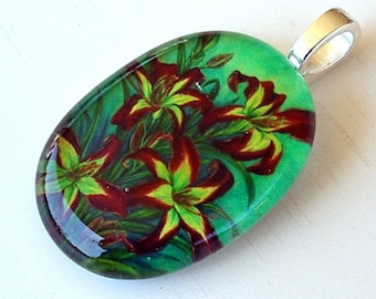Spider Daylily Oval Glass Pendant: Gardener Gift - 'Inky Fingers' Art