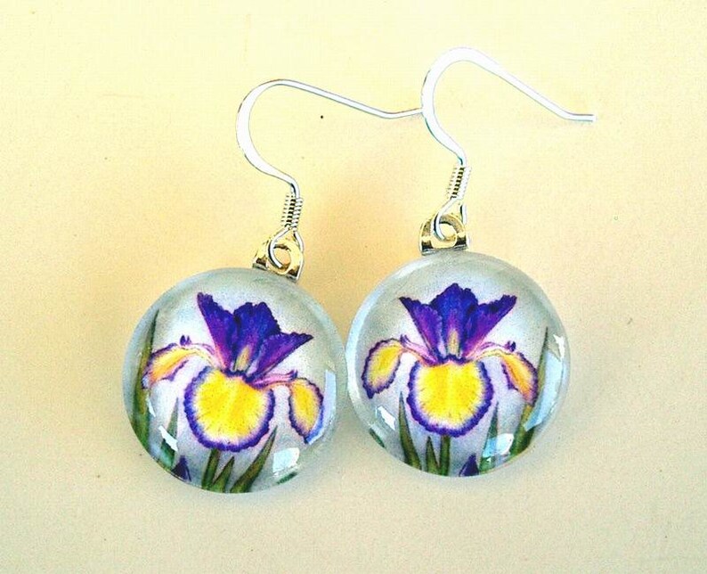 Iris Earrings Yellow and Blue Violet Spuria Iris Jewelry Round Art Glass Earrings