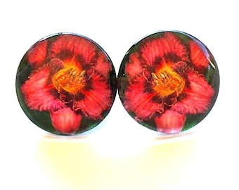 Flower Earrings Pink Daylily Round Art Glass Button Earrings