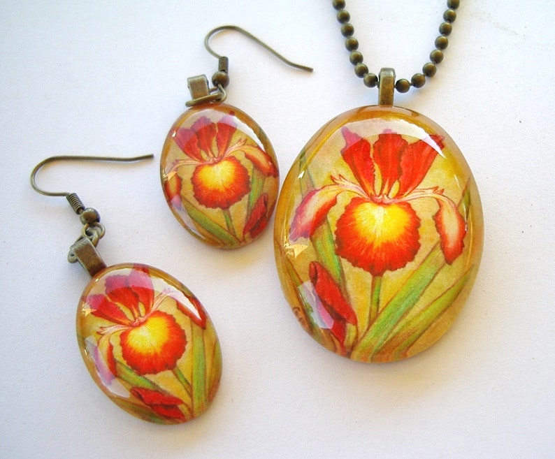 Spuria Iris Jewelry Earrings Maroon Red and Yellow Antique Brass Oval Art Glass Strike Zone Iris Mother/'s Day Gift