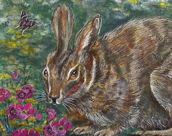 Bunny Rbbit in Flowers Original Collage Art on Canvas by AllKindsofArt artist Glenda Mullins