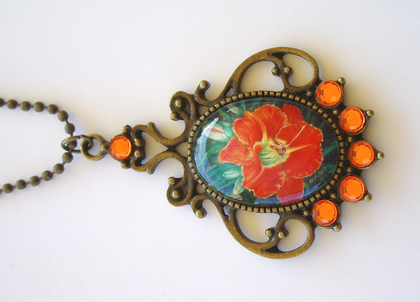 Orange Tijuana Taxi Daylily Pendant Necklace Jewelry Art Glass Antique