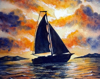 Sunset Sailboat Watercolor Painting Sailor Mother's Day Birthday Gift