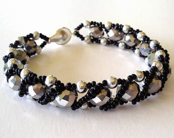 ON SALE Beaded Bracelet Jewelry Silver Faceted and Black Glass and Acrylic Beads Mother's Day Birthday Girlfriend Gift