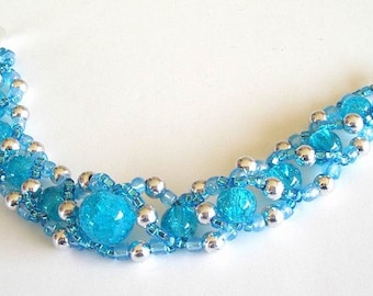 Turquoise Crackle Beaded Bracelet: Silver Color Glass Beads, Secure Clasp