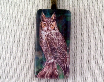 Horned Owl Pendant Necklace: Antique Brass, Reproduction Artwork Jewelry