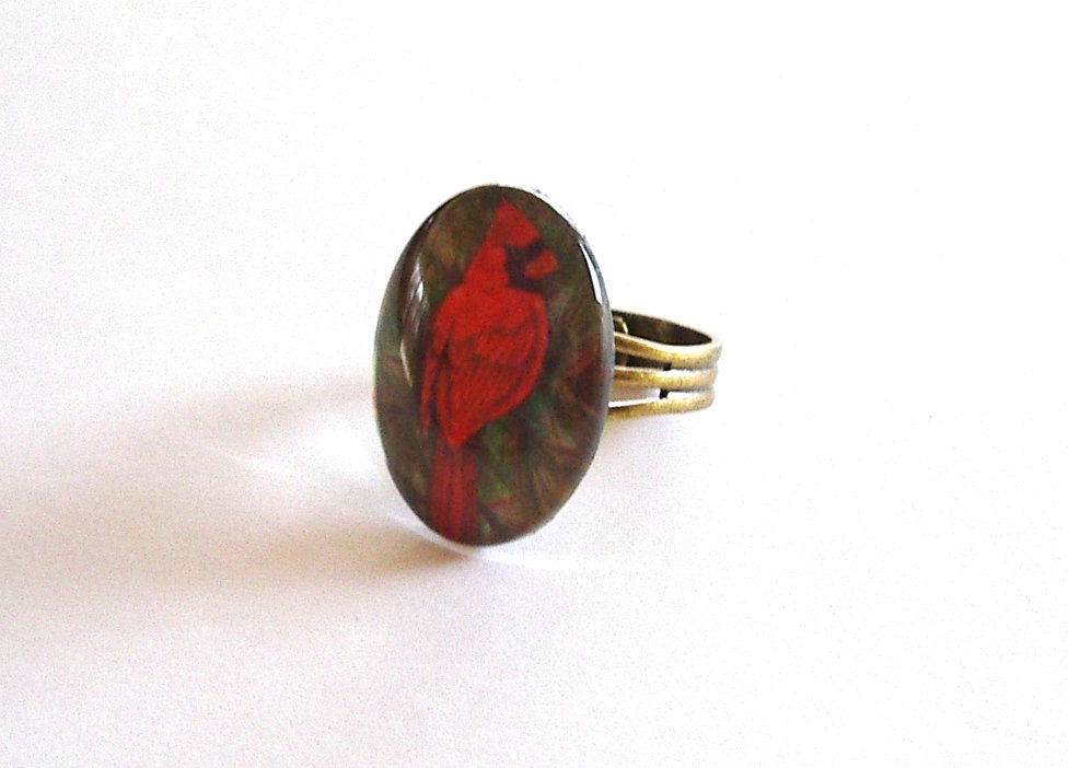 Red Cardinal Bird Ring Adjustable Art Glass School Team Mascot Sturdy band Silver Plate Mounting Exclusive Art Ring