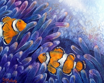 Anemones & Clownfish Original Watercolor Colored Pencil Resist Art by AllKindsofArt artist Glenda Mullins
