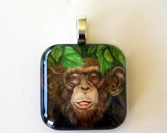Silly Chimpanzee Art Glass Pendant: Raspberry Tongue Monkey