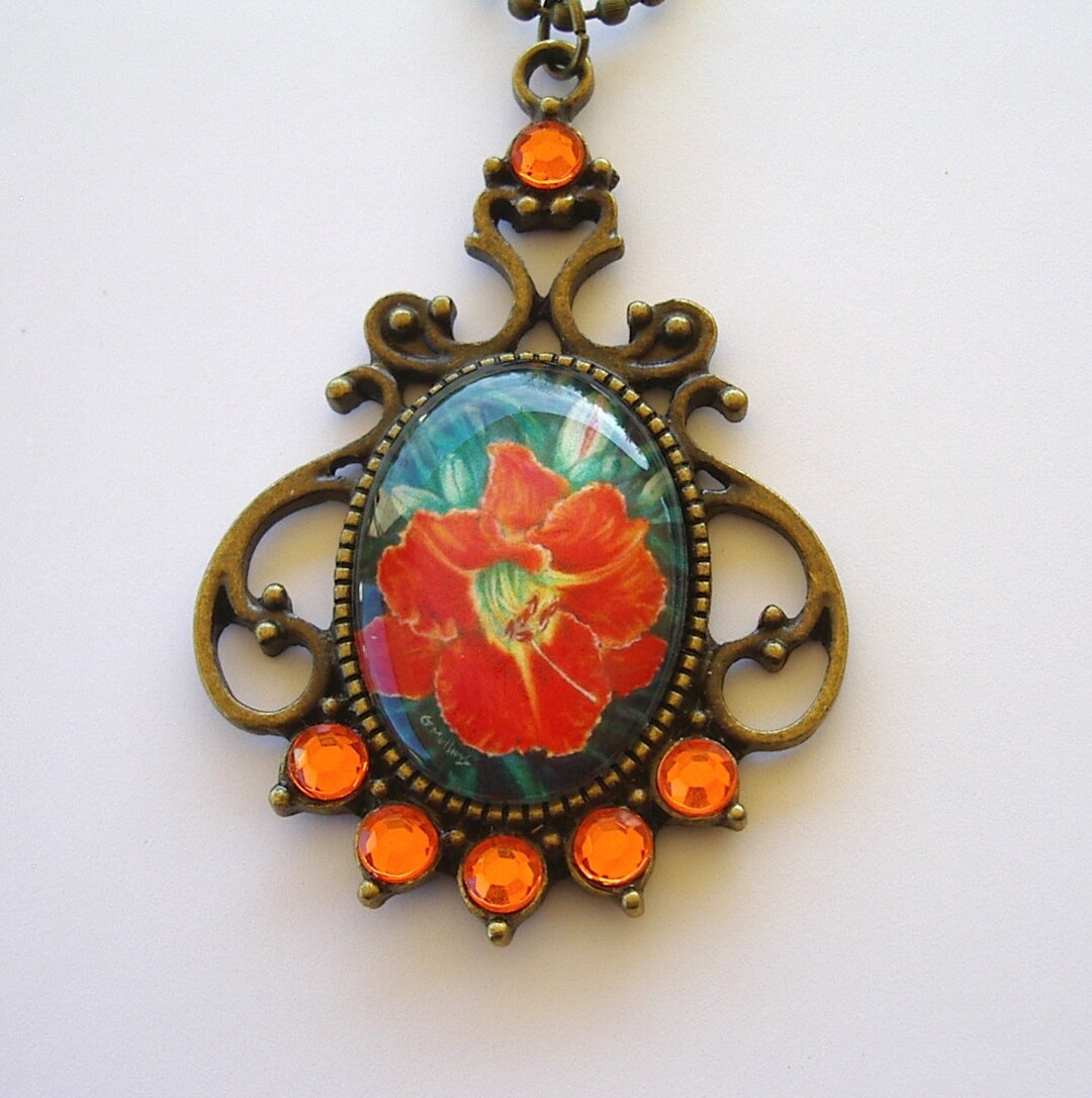 Orange Tijuana Taxi Daylily Pendant Necklace Jewelry Art Glass Antique