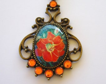Orange Daylily Art Glass Pendant Necklace: Antique Brass, Tijuana Taxi