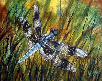 Blue Brown Dragonfly Painting Original Autumn Summer Watercolor Art by AllKindsofArt artist Glenda Mullins