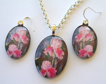 Pink Iris Art Glass Pendant and Earrings Set: Silver Plated Floral Jewelry