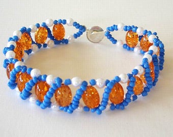 Beaded Bracelet OKC Thunder Basketball Team colors Blue Orange White Right Angle Weave