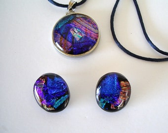 Vintage Dichroic Glass Jewelry Set Necklace Post Earrings Black, Blue & Rainbow Colors with Black Satin Cord