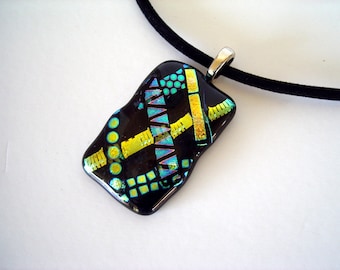 Vintage Dichroic Glass Necklace Jewelry Black, Gold & Rainbow Colors with Black Velvet Cord