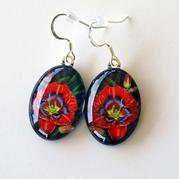 Red Daylily Earrings Jewelry Art Glass Velvet Eyespots Daylily Grower Mother's Day Gift Exclusive Colored Pencil Daylily Art