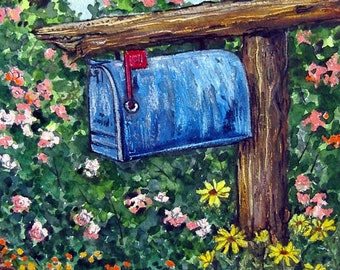 Blue Country Mailbox Painting: Sunflower & Roses Mixed Media Art