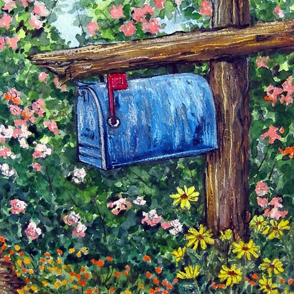 Blue Country Mailbox & Sunflower Painting Original Watercolor Oil Pastel Mixed Media Art by AllKindsofArt artist Glenda Mullins