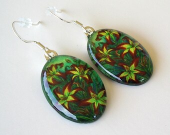 Spider Daylily Glass Earrings: Maroon & Lime Green Art Jewelry