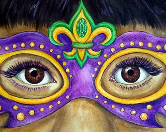 Original Mardi Gras Mask Watercolor Painting: Emerald Fleur de Lis