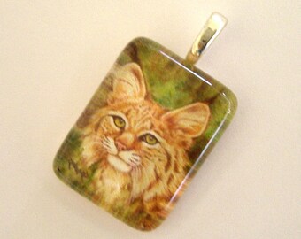 Lynx Cat Jewelry Pendant Bobcat or Wildcat School Mascot Exclusive Art Glass