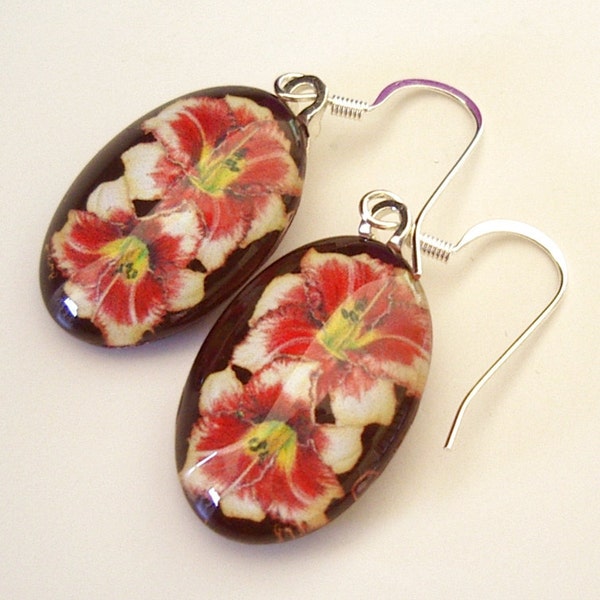 Daylily Jewelry Earrings Cream Peach Red Maroon EyeSpots Oval Exclusive Art Glass Panama Jack Daylily Mother's Day Gift