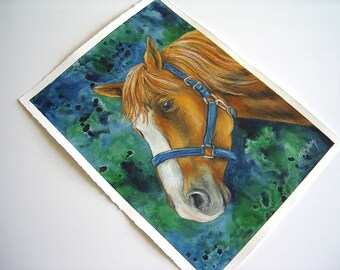 Chestnut Horse Art with White Blaze Painting Original Watercolor Oil Pastel Mixed Media Resist Art by AllKindsofArt artist Glenda Mullins