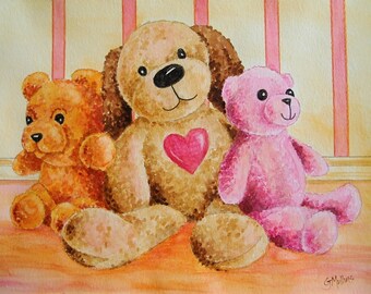 Stuffed Toys Painting Teddy Bears & Dog Original Demonstration Watercolor Art by AllKindsofArt Glenda Mullins
