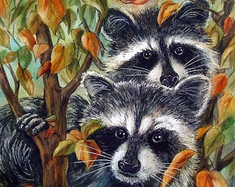 Raccoon Watercolor Painting: Autumn Trees Mixed Media Art