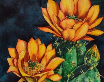 Orange Cactus Watercolor Original Art by AllKindsofArt artist Glenda Mullins