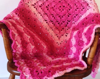Crochet Baby Blanket: Pink Shell Stitch, Hypoallergenic Acrylic, 32" Square