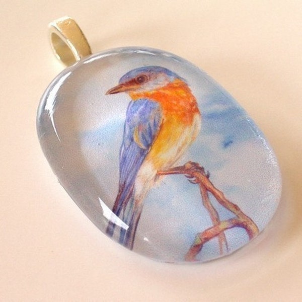Bluebird Art Jewelry Oval Glass Pendant Colored Pencil Art Bluebird of Happiness